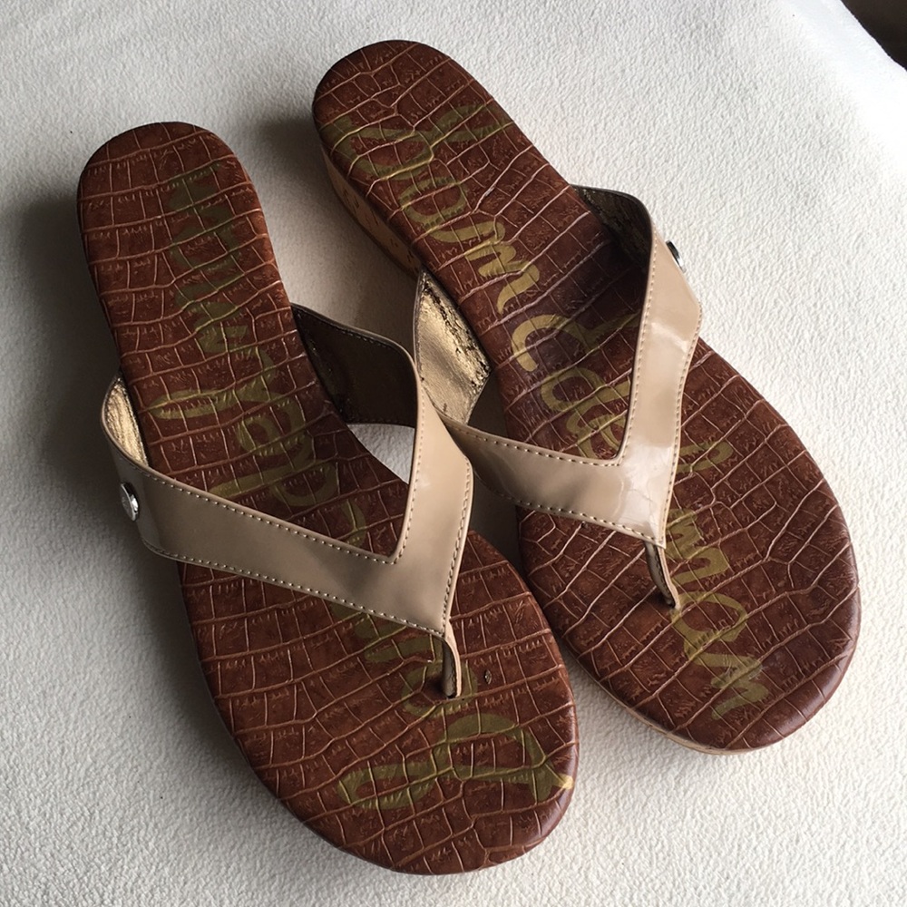 Sam Edelman “Tanya” nude color cork wedge thong sandals size 10